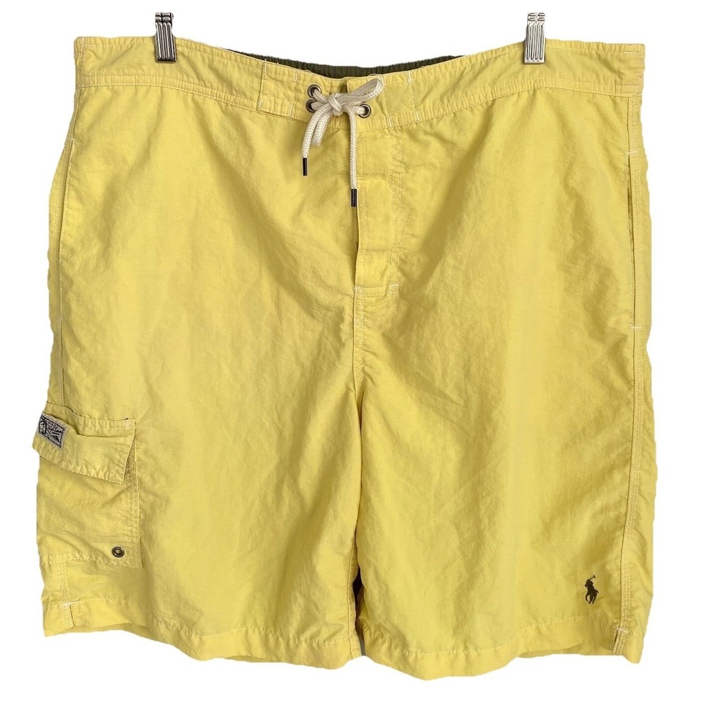 Vtg Polo Ralph Lauren Men Large Swim Trunks Yellow Cargo Pocket Mesh Lined Nylon